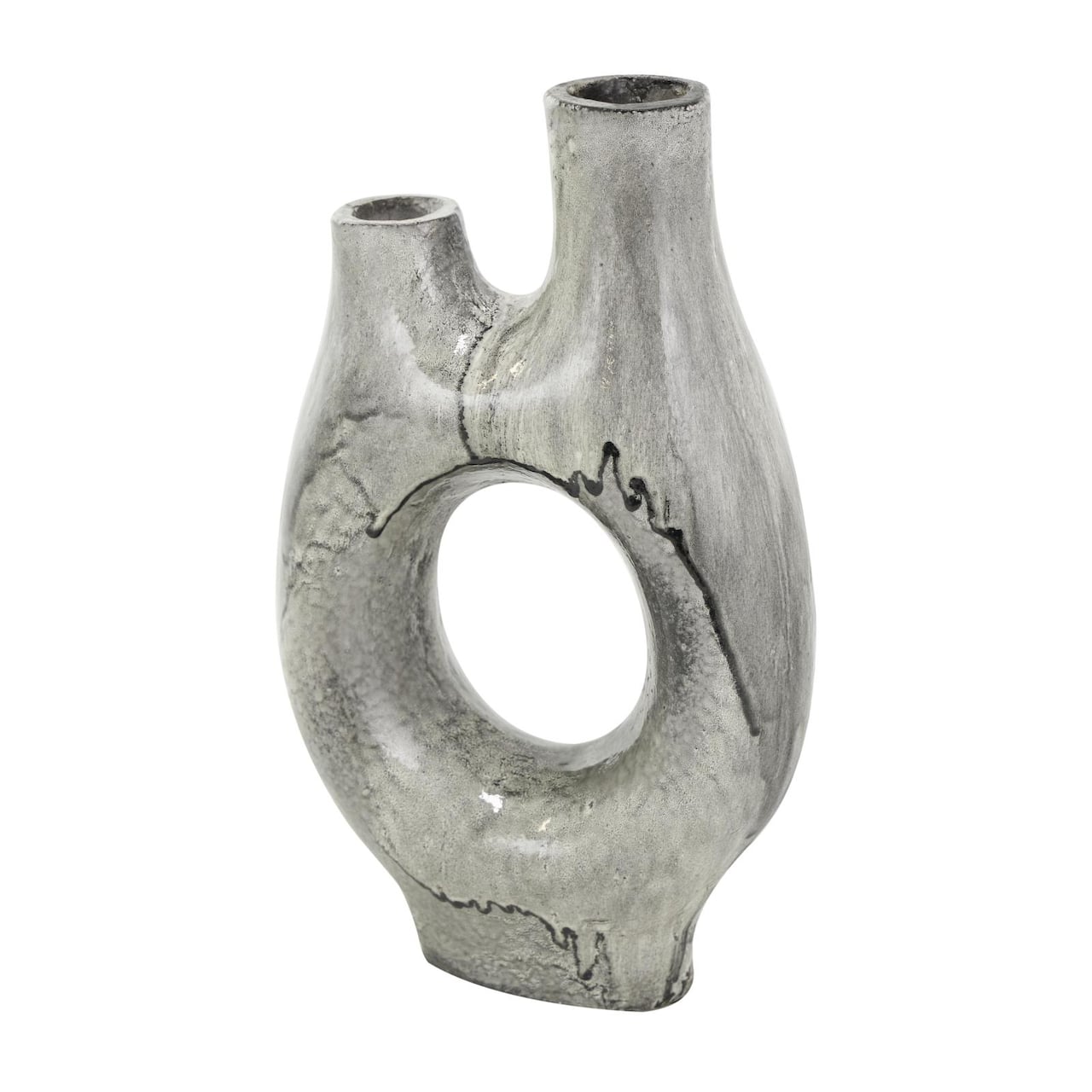 Gray Paper Mache Abstract Circular Vase with Dual Openings